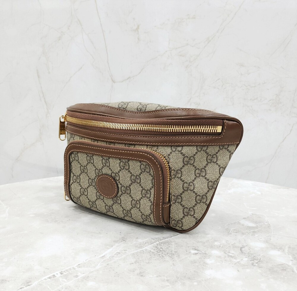 [럭스유] 구찌 GG 수프림 캔버스 브라운 레더 힙색 733240