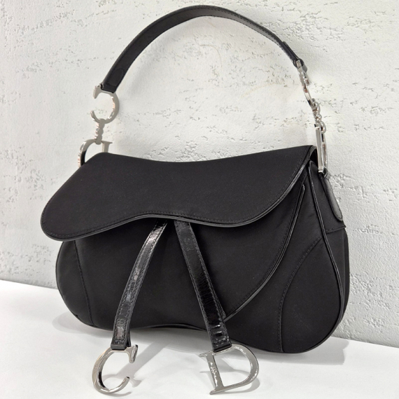 디올 더블 새들 CD 로고 블랙 나일론 숄더백