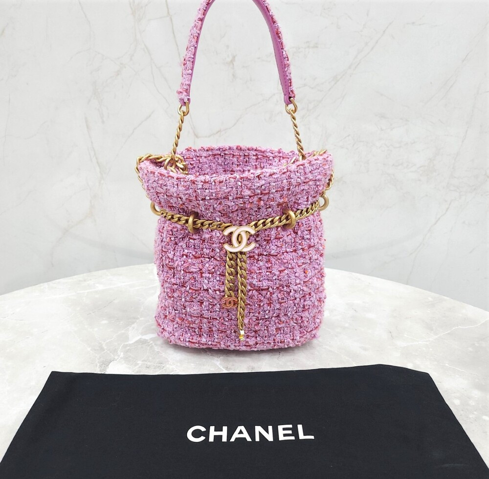샤넬 CC로고 시즌 트위드 버킷백 핑크 AS3116