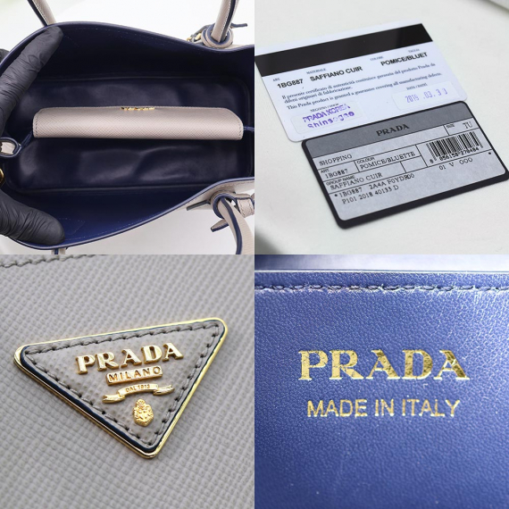 Prada(프라다) 1BG887 그레이 사피아노 퀴르 금장 트라이앵글 로고 두블레 스몰 2WAY