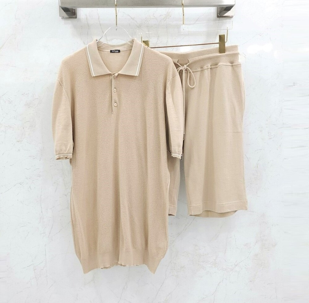 [럭스유] 56,50 / 키톤 디테일 베이지 반팔 카라티 반바지 세트