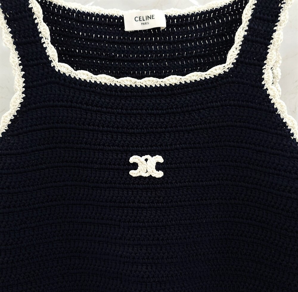 [럭스유] (새상품) M / 셀린느 코튼 크로셰 나시 탑 네이비 RX0BN0S47