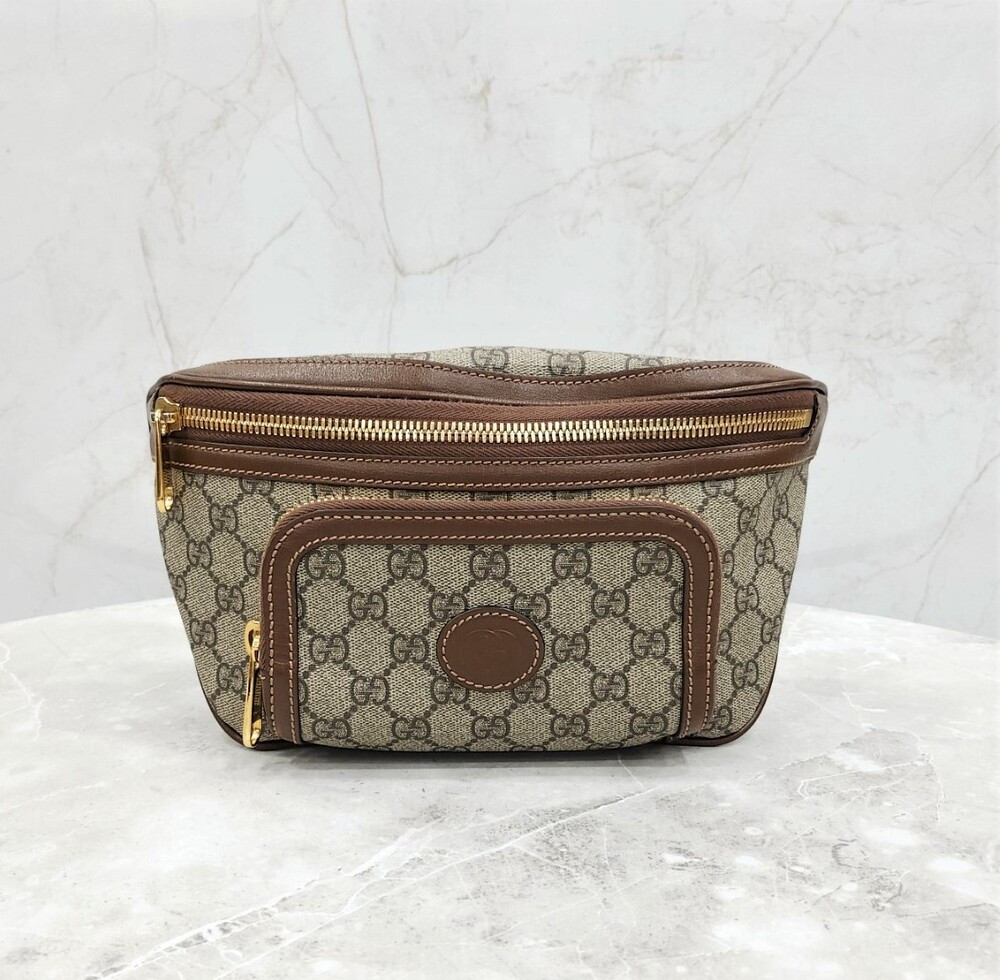 [럭스유] 구찌 GG 수프림 캔버스 브라운 레더 힙색 733240