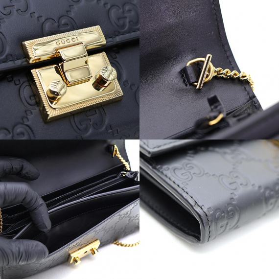 Gucci(구찌) 453506 블랙 시마 레더 패들락 컨티넨탈 금장 체인 클러치 숄더백 장지갑