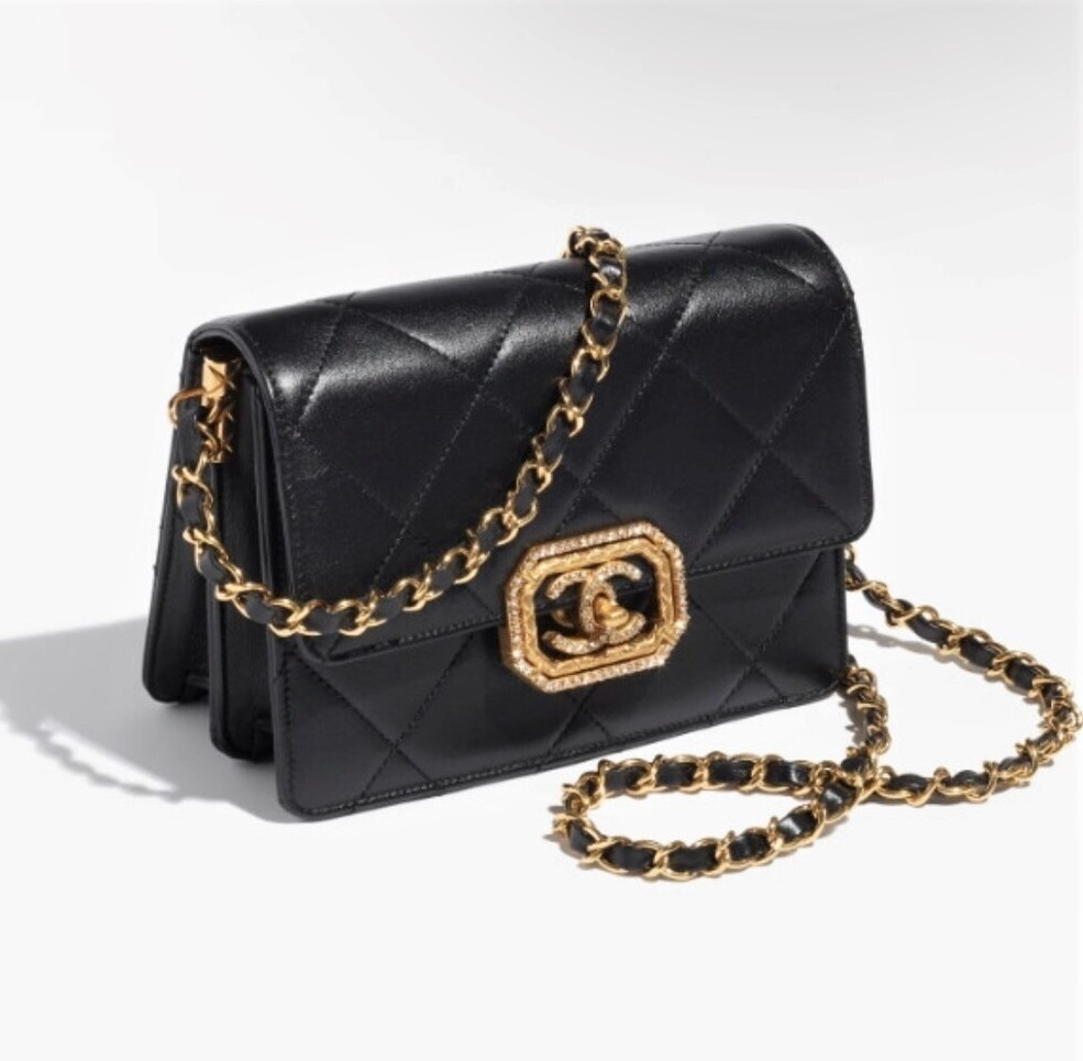 [럭스유] (새상품) 샤넬 미니 플랩백 카프스킨 스트라스 골드메탈 내장칩