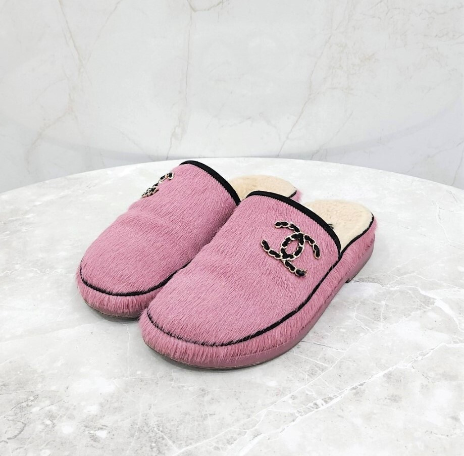 [럭스유] 36 / 샤넬 CC로고 시어링 스웨이드 뮬 핑크 G38648