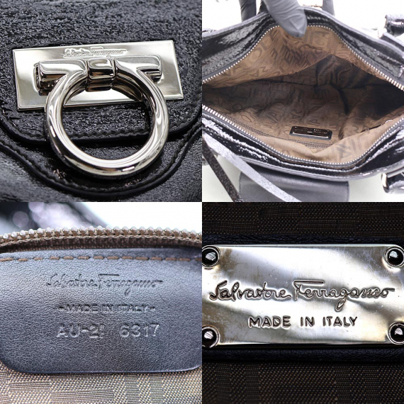 Ferragamo(페라가모) 21 6317 블랙 샤이니 레더 은장 간치니 장식 숄더백