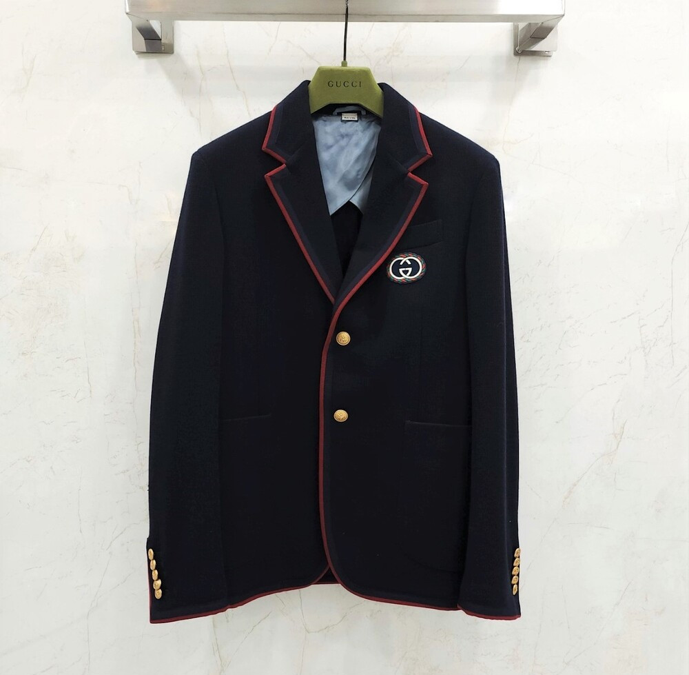 [럭스유] 44 / 구찌 GG 로고 자수 트리밍 네이비 블레이저 자켓 590578