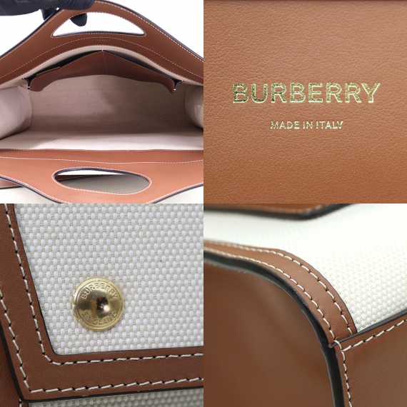 Burberry(버버리) 80393621 내추럴 몰트 브라운 레더 투톤 캔버스 미듐 포켓 토트 2WAY