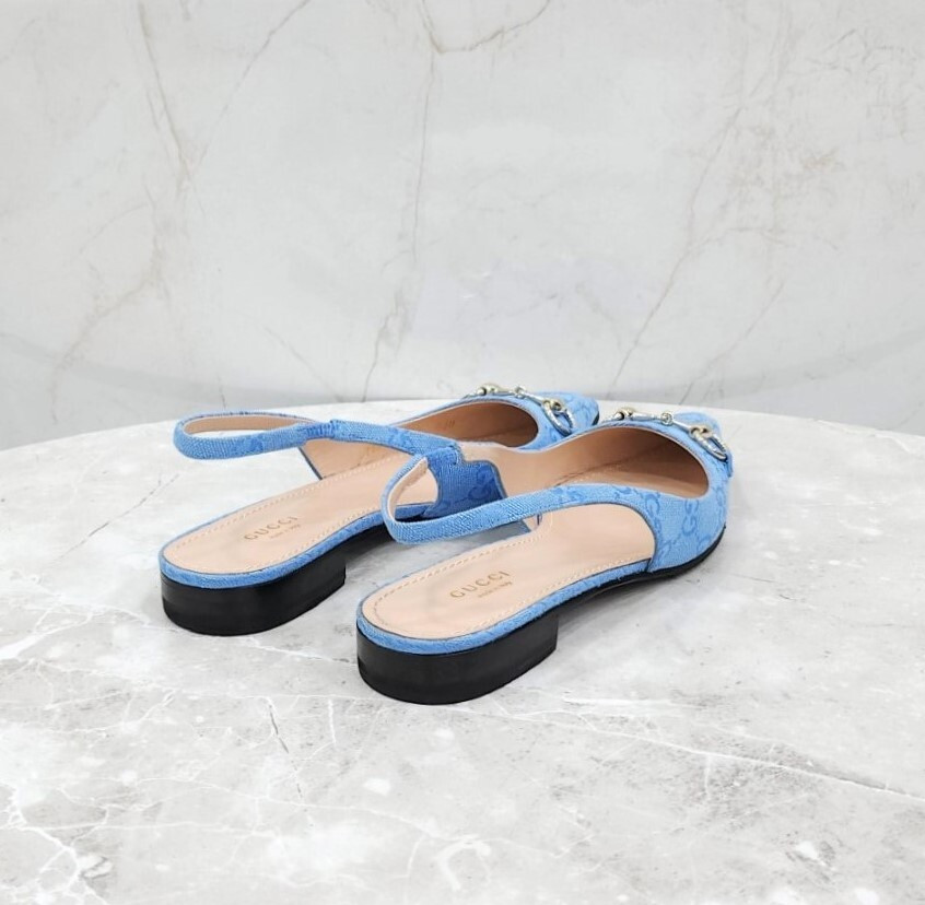 [럭스유] 38 / 구찌 GG 블루 홀스빗 슬링백 플랫 슈즈 786592