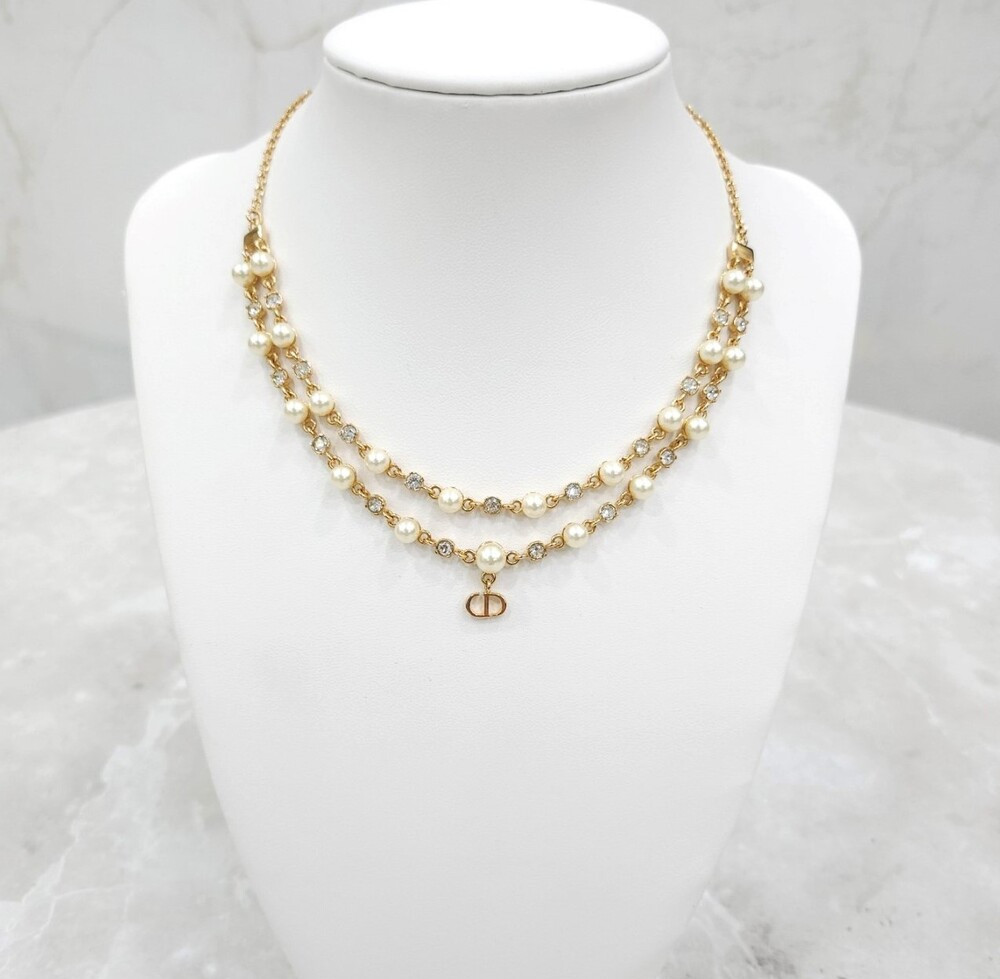 [럭스유] (새상품) 디올 쁘띠 CD 더블 큐빅 체인 진주 목걸이 N2851WOMCY