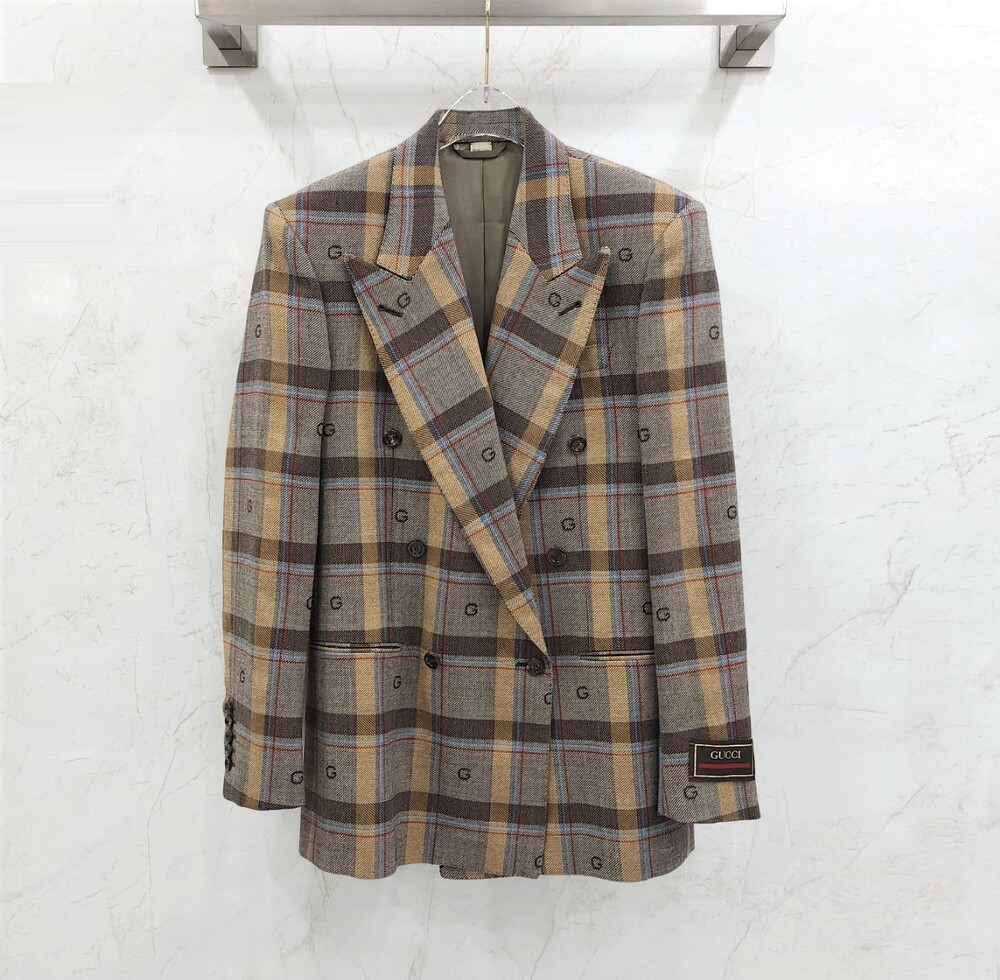 [럭스유] (새상품) 46 / 구찌 GG 자수패턴 브라운 체크 더블 자켓