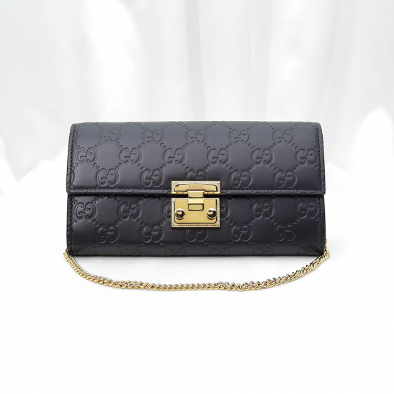 Gucci(구찌) 453506 블랙 시마 레더 패들락 컨티넨탈 금장 체인 클러치 숄더백 장지갑