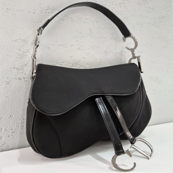 디올 더블 새들 CD 로고 블랙 나일론 숄더백