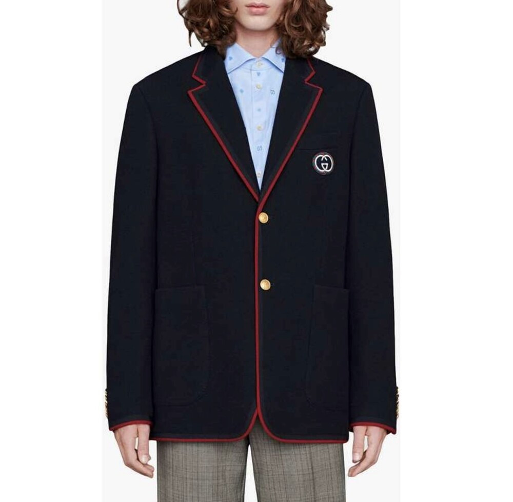 [럭스유] 44 / 구찌 GG 로고 자수 트리밍 네이비 블레이저 자켓 590578