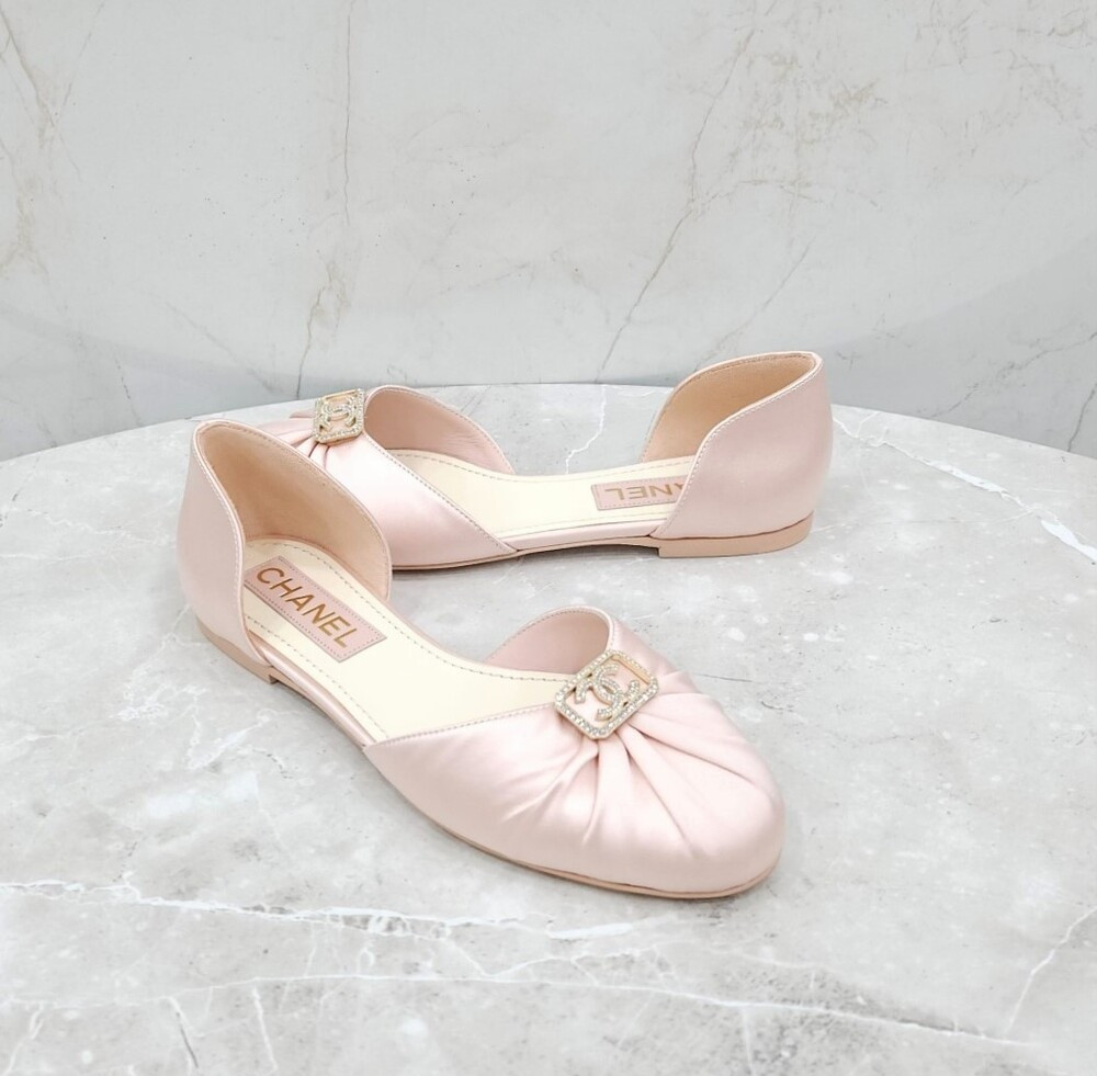 [럭스유] (새상품) 36.5 / 샤넬 CC로고 핑크 실크 플랫 발레리나 슈즈 G39660