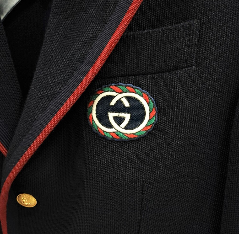 [럭스유] 44 / 구찌 GG 로고 자수 트리밍 네이비 블레이저 자켓 590578