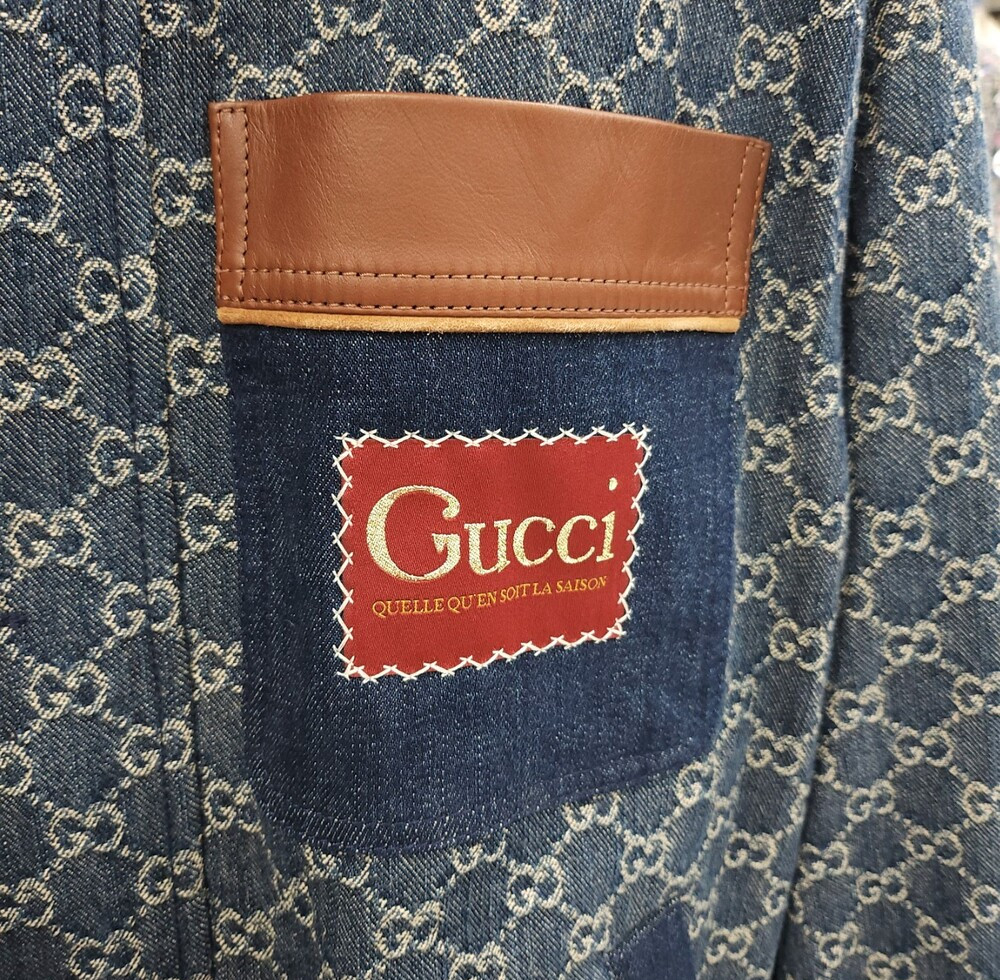 [럭스유] 44 / 구찌 워시드 오가닉 데님 브라운 레더 트리밍 자켓 644963