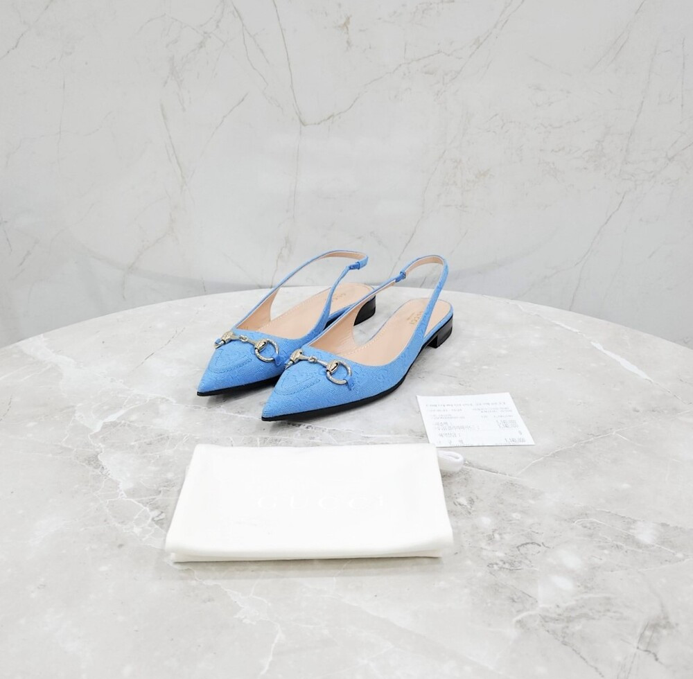 [럭스유] 38 / 구찌 GG 블루 홀스빗 슬링백 플랫 슈즈 786592