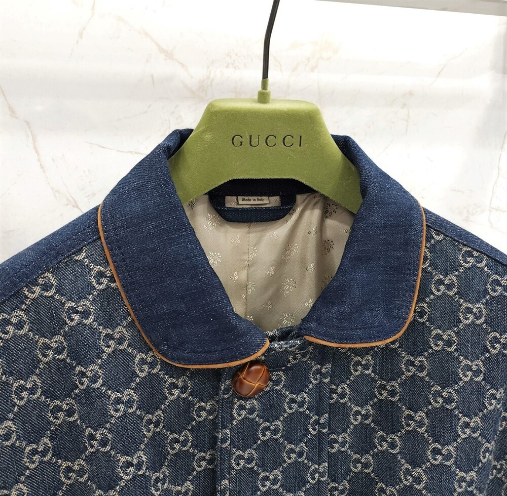 [럭스유] 44 / 구찌 워시드 오가닉 데님 브라운 레더 트리밍 자켓 644963