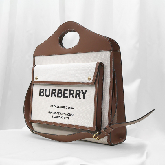Burberry(버버리) 80393621 내추럴 몰트 브라운 레더 투톤 캔버스 미듐 포켓 토트 2WAY