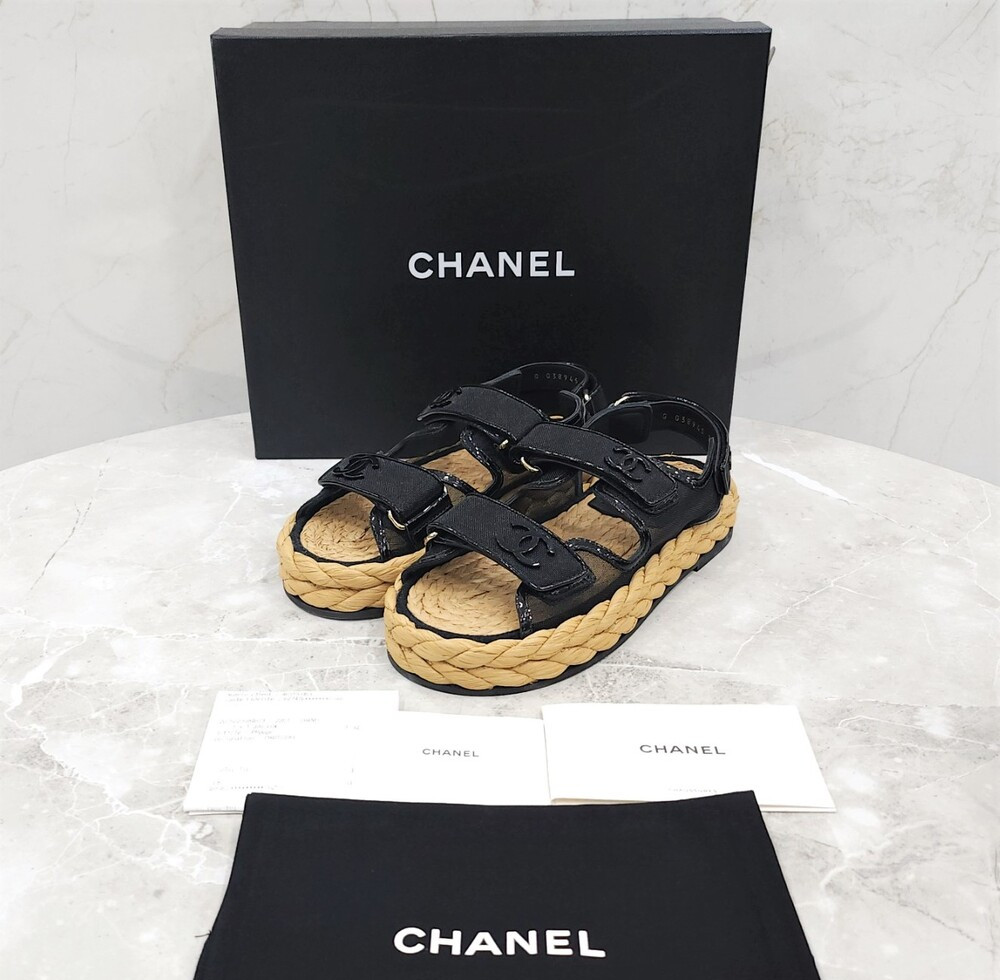 [럭스유] (새상품) 35 / 샤넬 CC로고 메쉬 벨크로 샌들 블랙