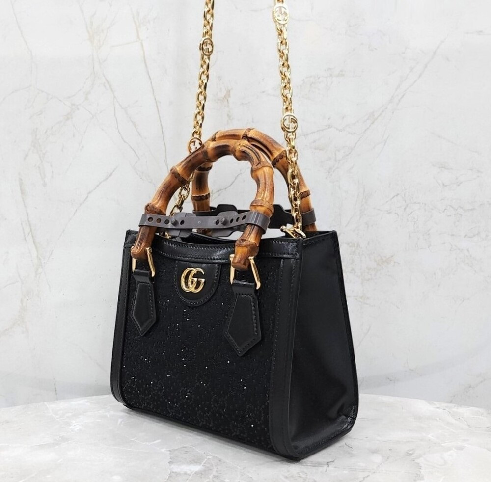 [럭스유] (새상품) 구찌 GG 블랙 크리스탈 다이애나 뱀부 토트백 미니 707449