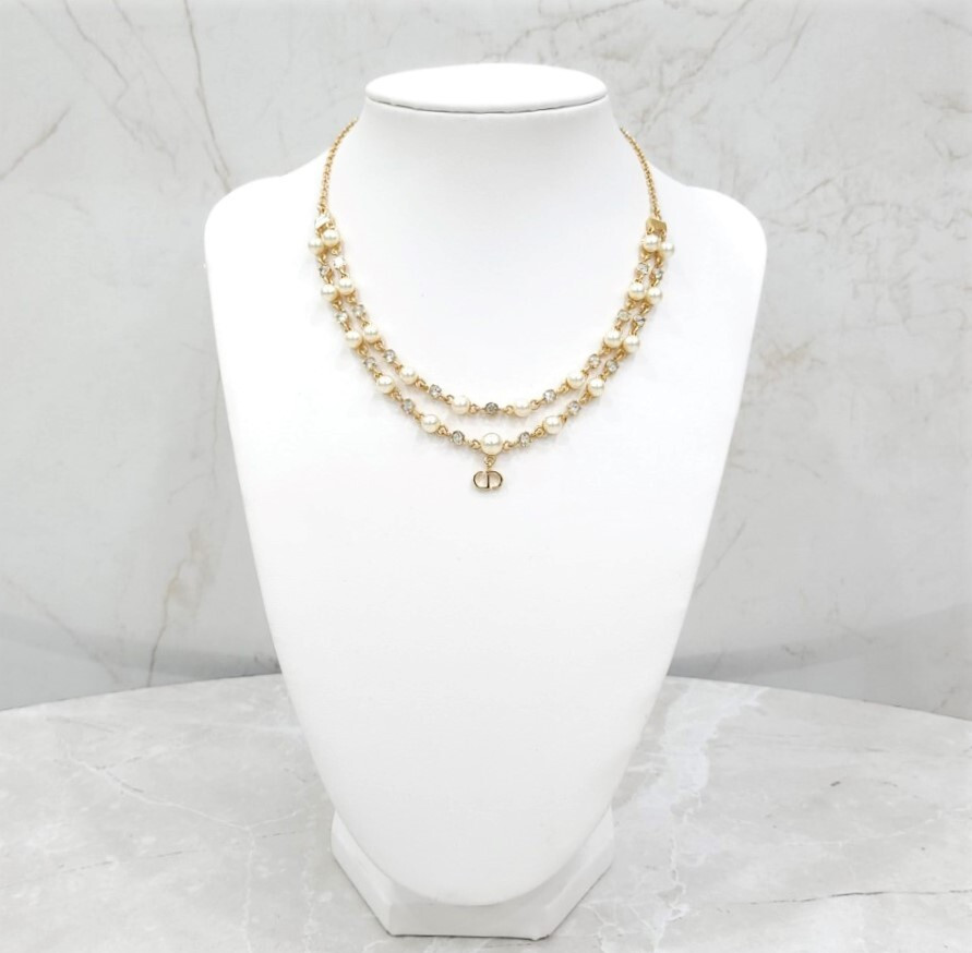 [럭스유] (새상품) 디올 쁘띠 CD 더블 큐빅 체인 진주 목걸이 N2851WOMCY