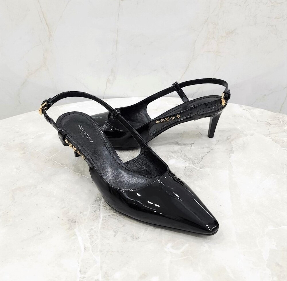 [럭스유] 38.5 / 루이비통 블랙 에나멜 로고 슬링백 힐