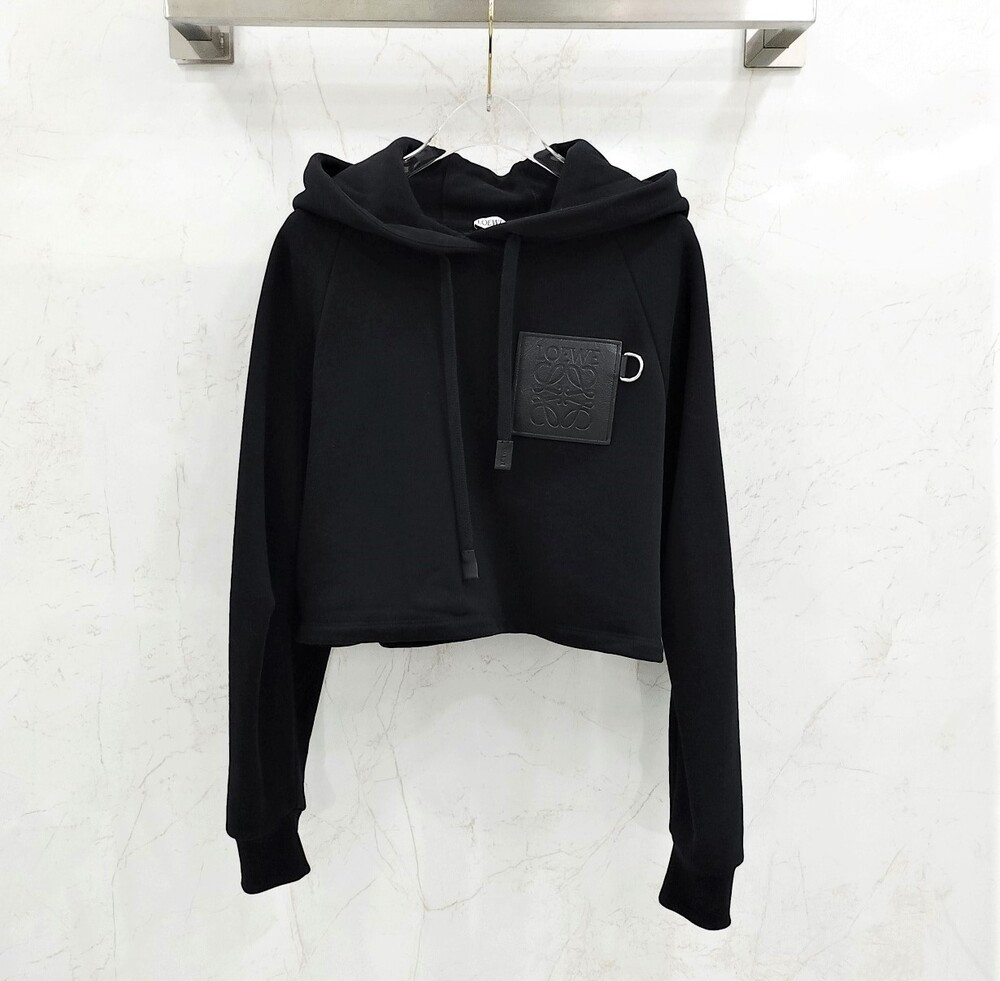 [럭스유] (새상품) M / 로에베 여성 레더 패치 블랙 코튼 크롭 후드 S359Y25X41