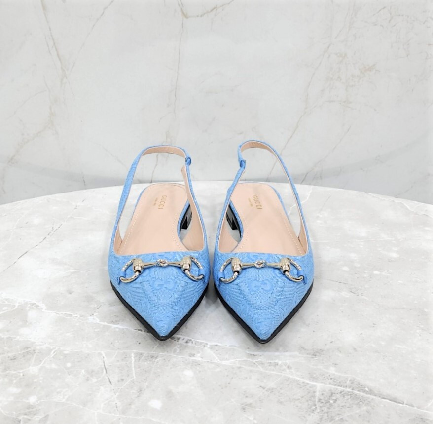 [럭스유] 38 / 구찌 GG 블루 홀스빗 슬링백 플랫 슈즈 786592