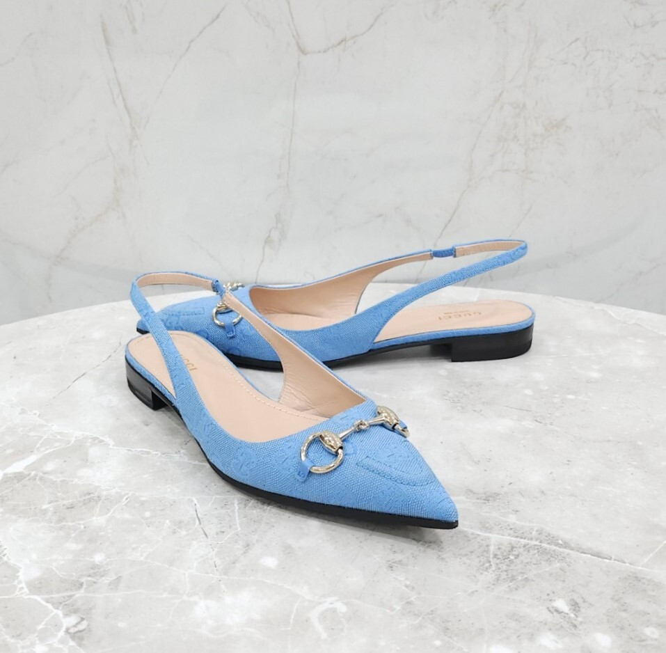 [럭스유] 38 / 구찌 GG 블루 홀스빗 슬링백 플랫 슈즈 786592