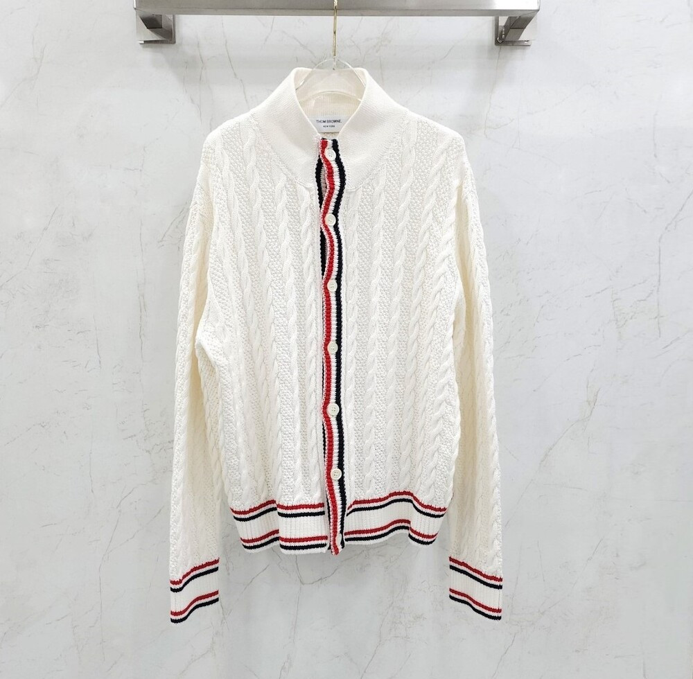 [럭스유] 4 / 톰브라운 삼선 헤리티지 케이블 가디건 화이트 MKJ066A