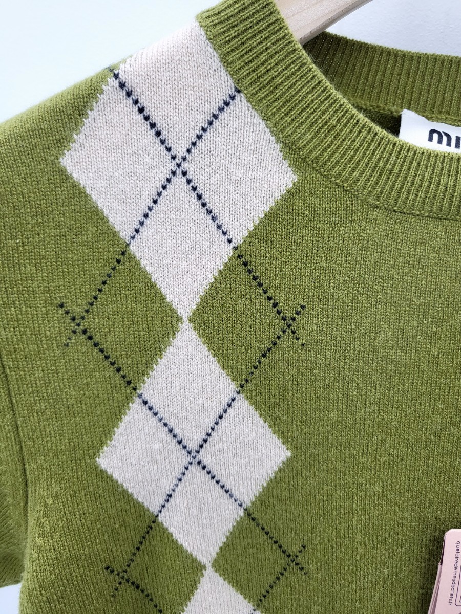 [미다스] 미우미우 아가일 체크 캐시미어 반팔 니트 MML974 38 새상품